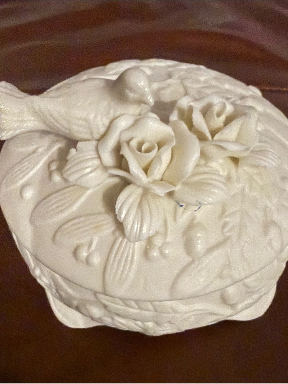 Vintage White Round Porcelain Trinket Box with Dove and Two Roses